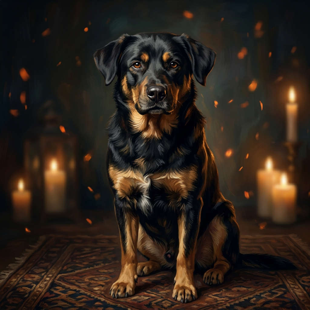 Memorial portrait of Laika, a brown dog with sad eyes surrounded by glowing embers